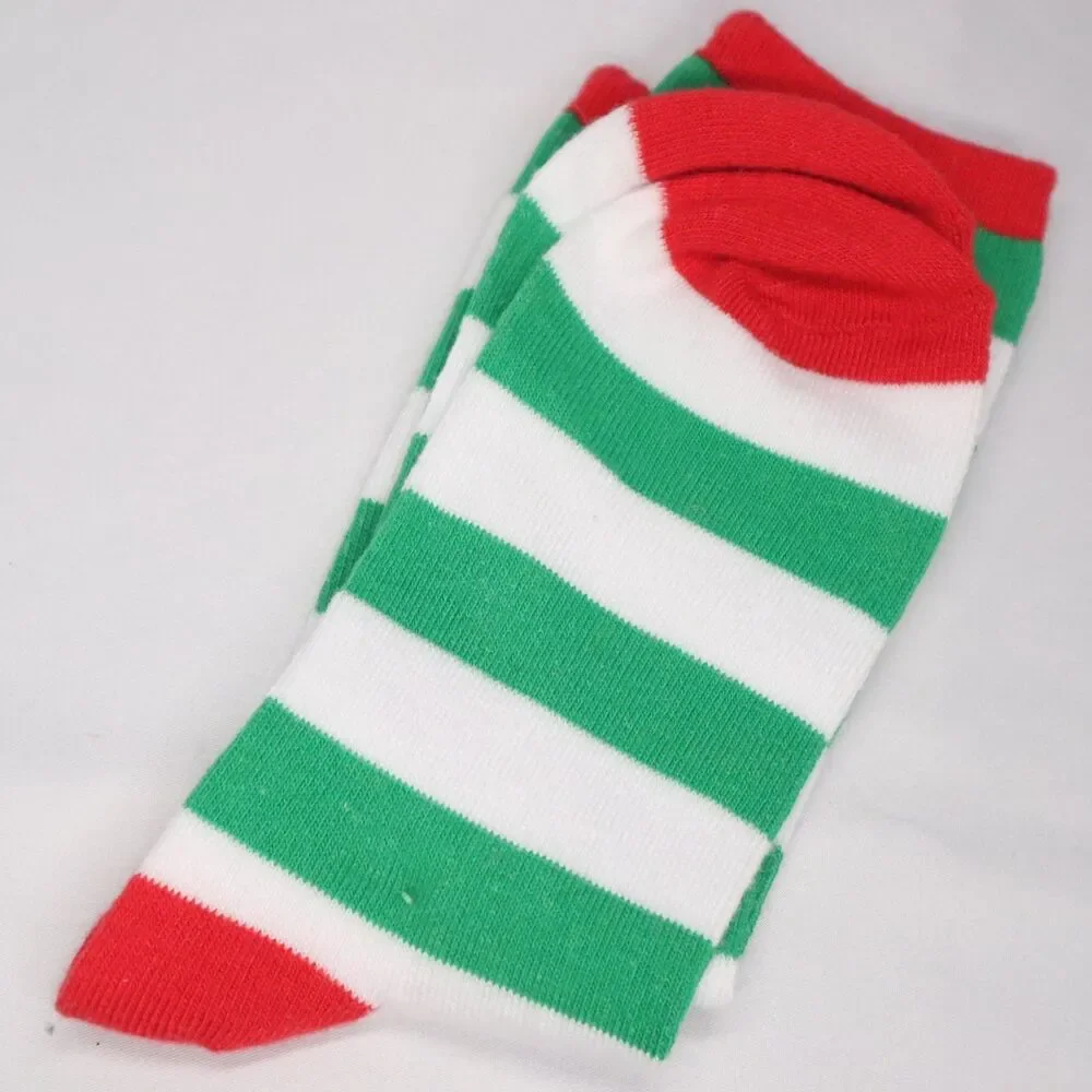 Striped Crew Socks Green White w Red Toe/heel Size 5-10 Holiday Costume